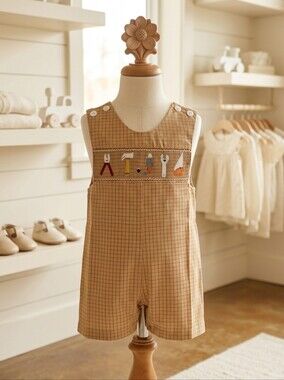 Mom & Me Brown Plaid Smocked Tools Jon Jon – Sizes 3T